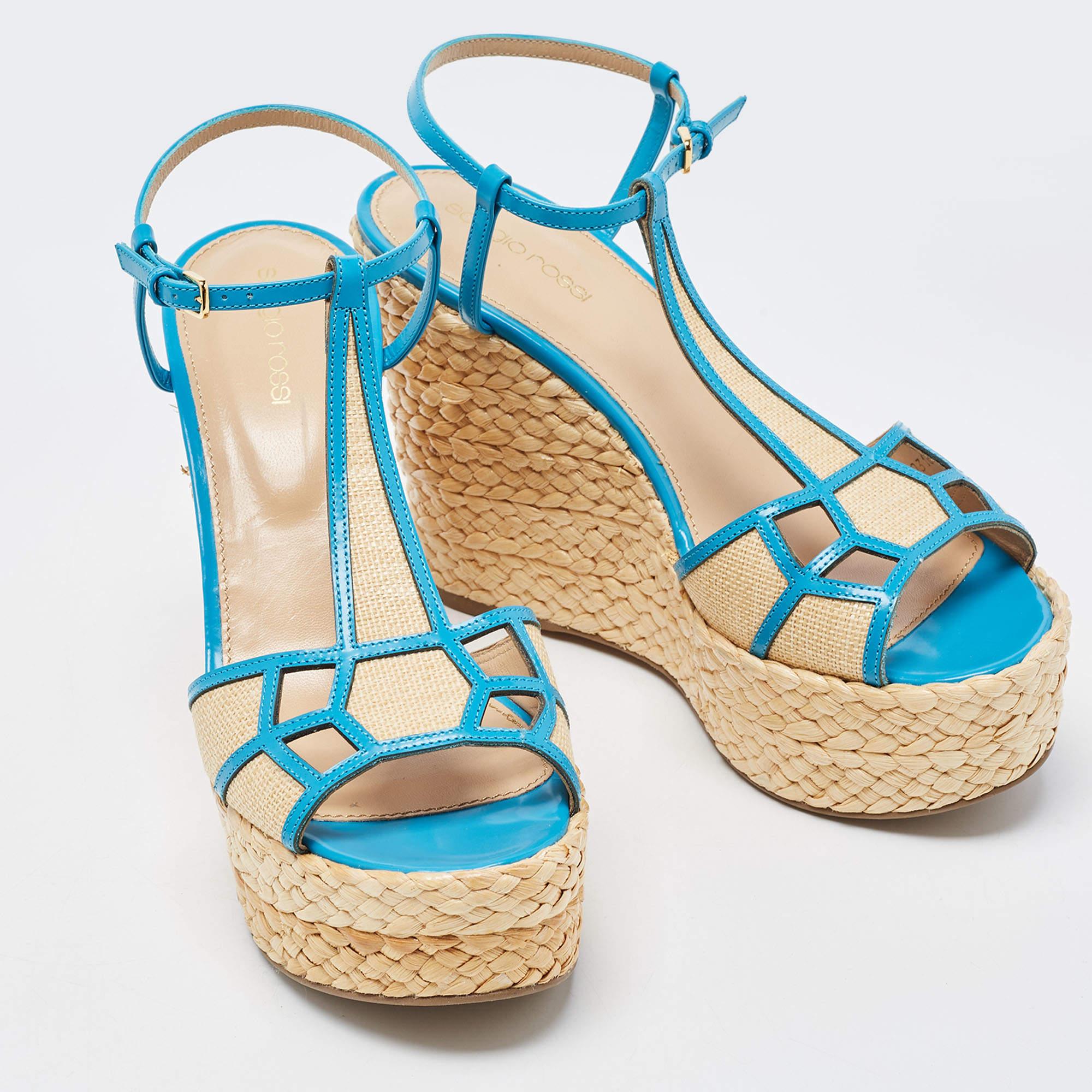 Sergio Rossi Blue/Beige Leather and Raffia Ankle Strap Espadrille Wedge Sandals  2