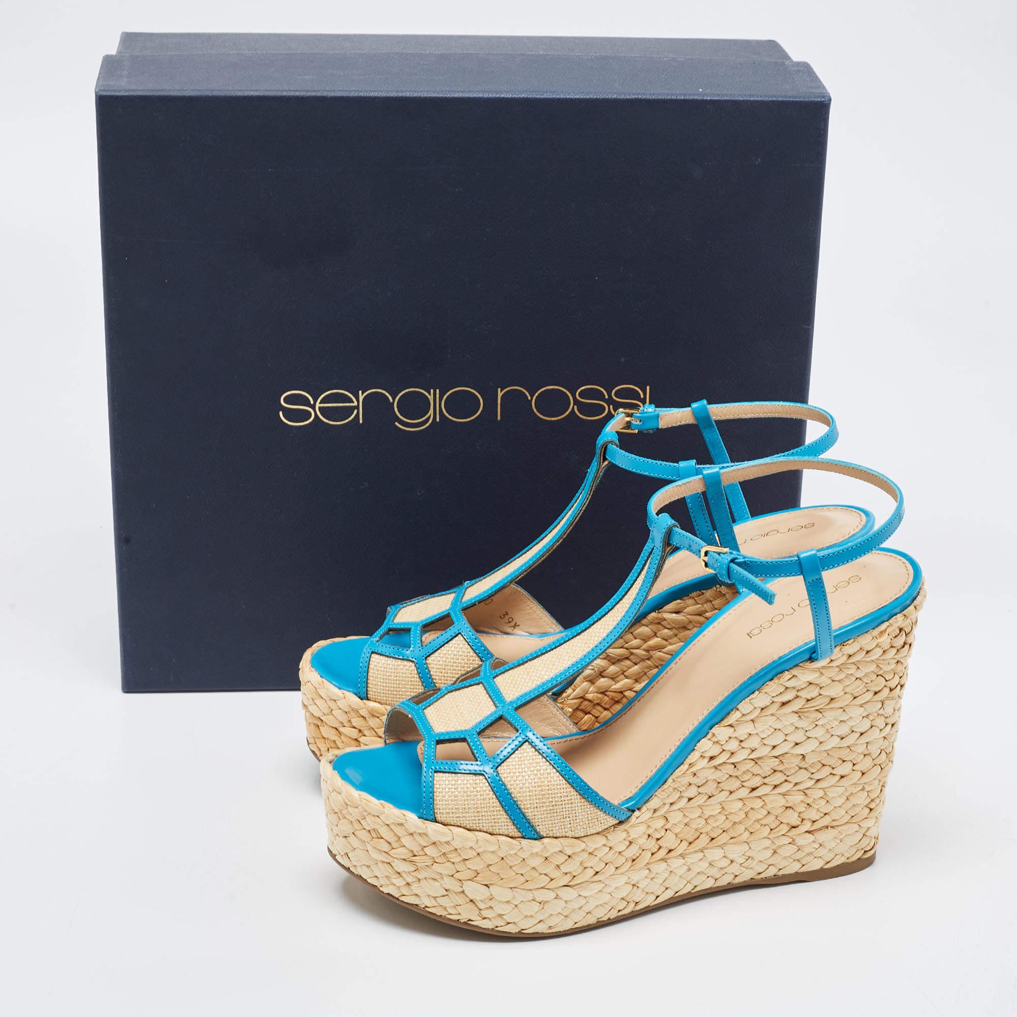 Sergio Rossi Blue/Beige Leather and Raffia Ankle Strap Espadrille Wedge Sandals  3