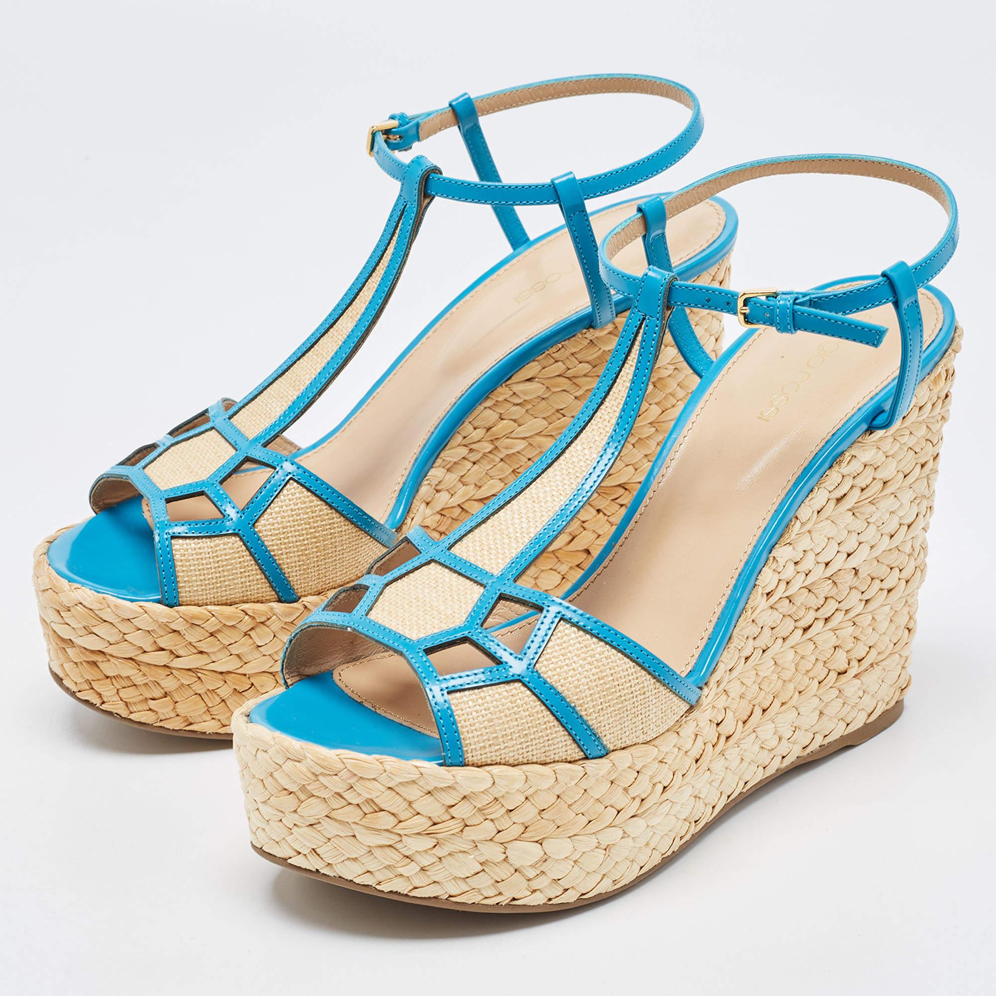Sergio Rossi Blue/Beige Leather and Raffia Ankle Strap Espadrille Wedge Sandals  4