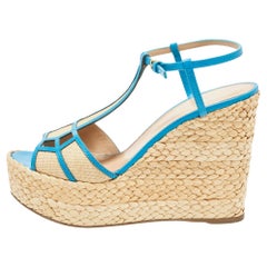 Sergio Rossi Blue/Beige Leather and Raffia Ankle Strap Espadrille Wedge Sandals 