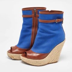 Sergio Rossi Blue/Brown Canvas and Leather Espadrille Wedge Boots Size 36