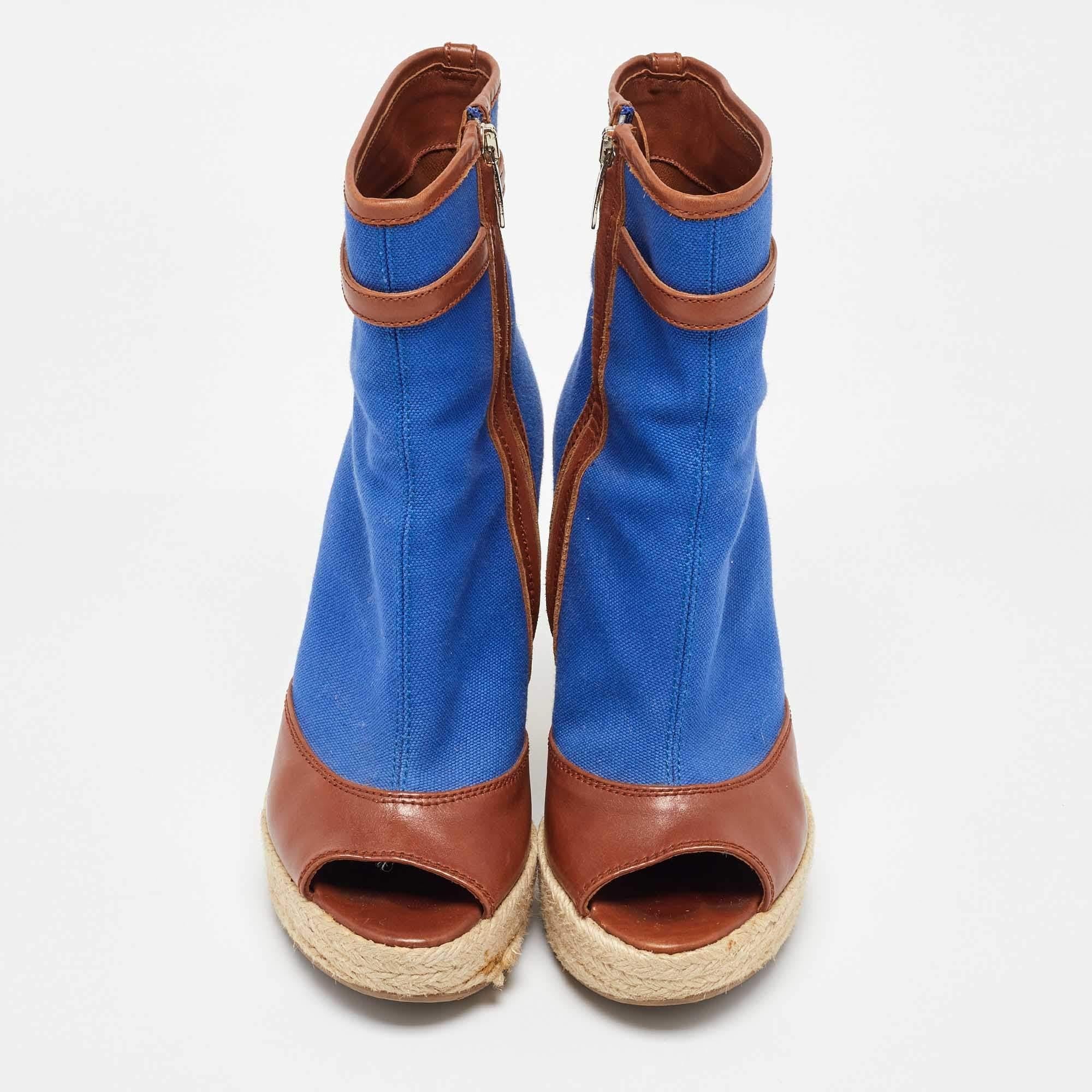 Bleu Sergio Rossi Bottes à talons compensés en toile et cuir bleu/marron Taille 36 en vente