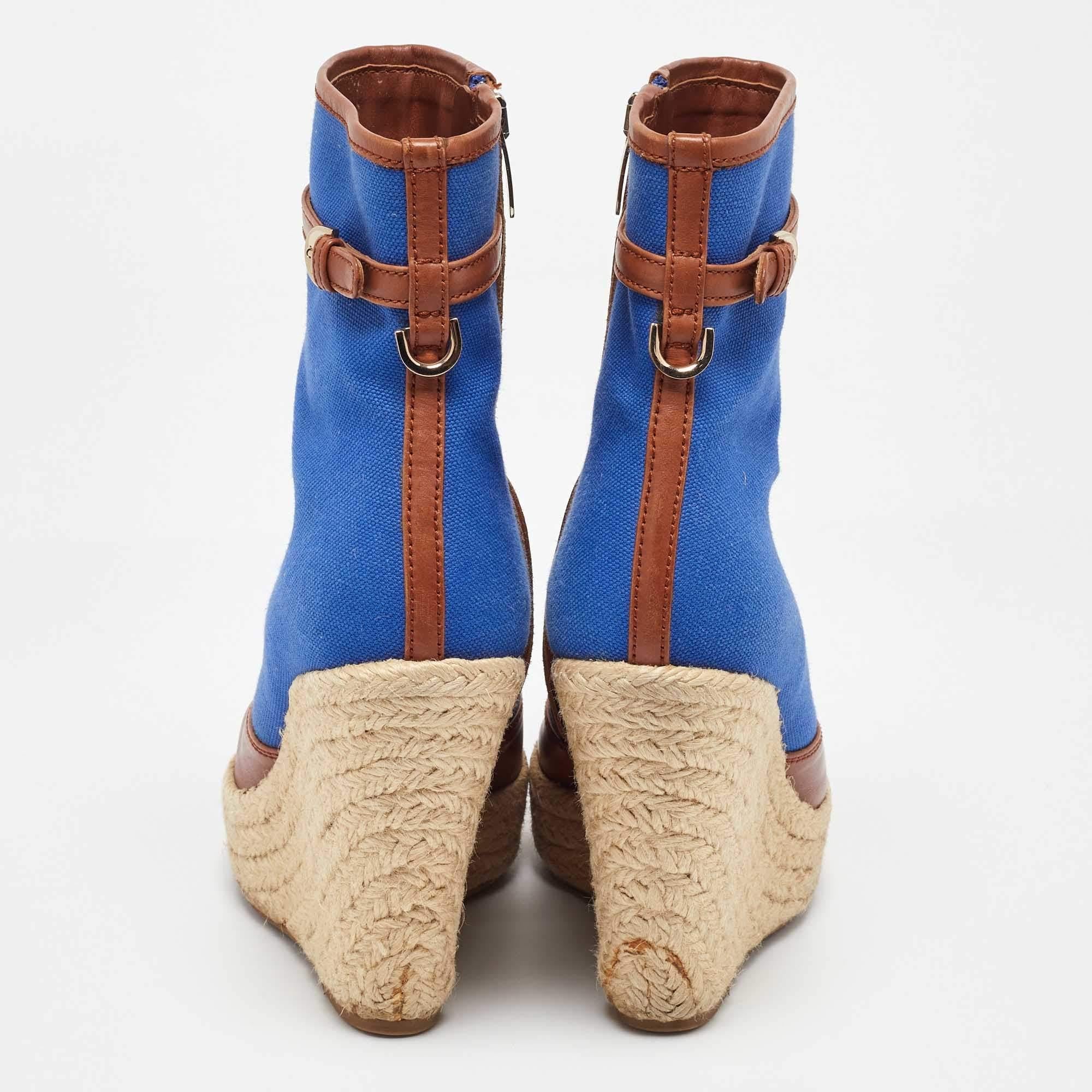 Sergio Rossi Bottes à talons compensés en toile et cuir bleu/marron Taille 36 Pour femmes en vente