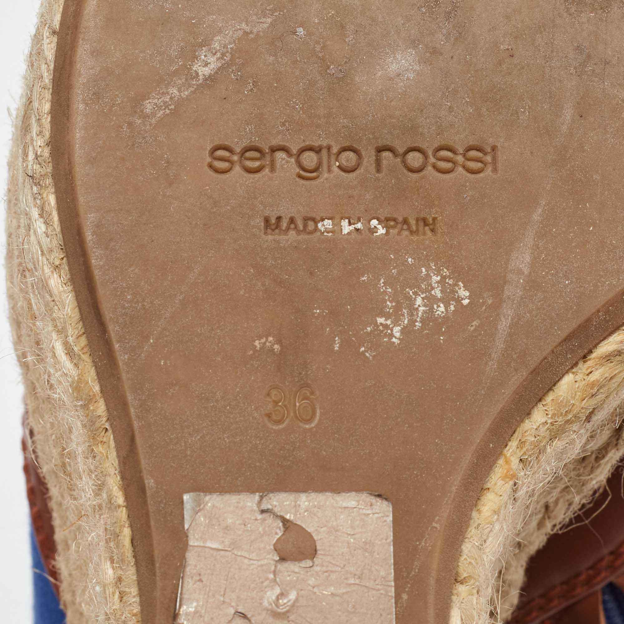 Sergio Rossi Bottes à talons compensés en toile et cuir bleu/marron Taille 36 en vente 3