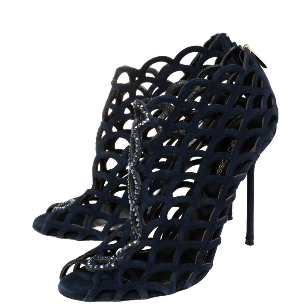 Black Sergio Rossi Blue Crystal Embellished Scalloped Peep Toe Caged Booties Size 39 For Sale