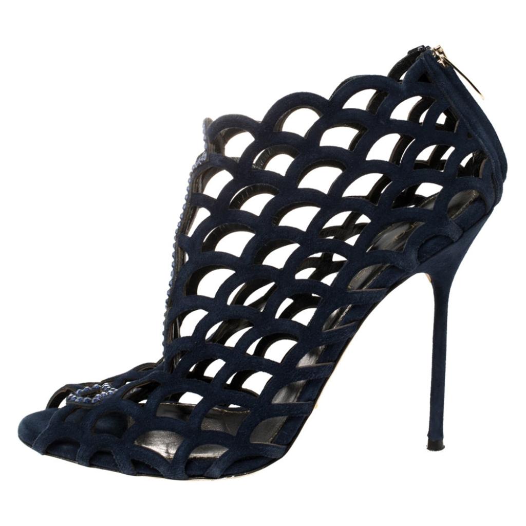 Sergio Rossi Blue Crystal Embellished Scalloped Peep Toe Caged Booties Size 39 For Sale