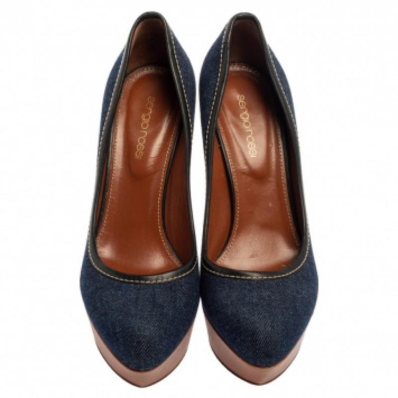 Black Sergio Rossi Blue Denim And Leather Platform Pumps Size 38.5 For Sale