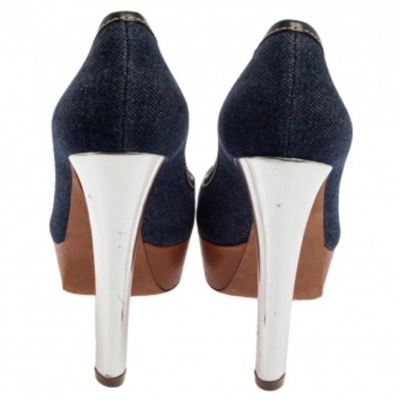 Women's Sergio Rossi Blue Denim And Leather Platform Pumps Size 38.5 For Sale