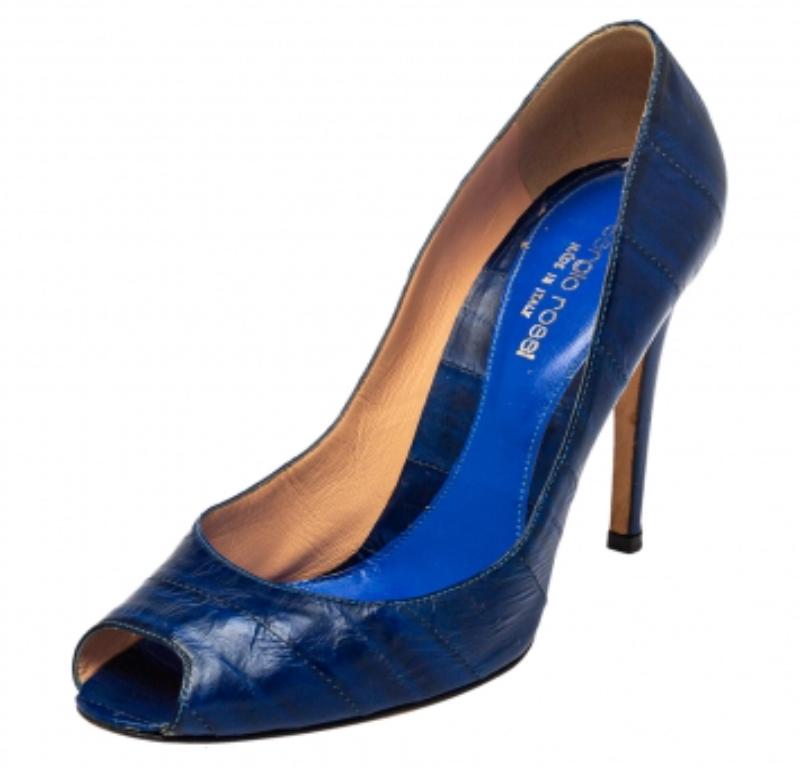 Women's Sergio Rossi Blue Eel Leather Peep Toe Pumps Size 39.5 For Sale