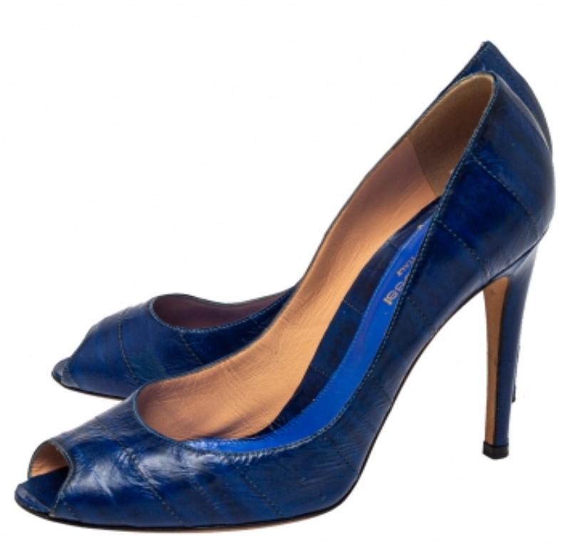 Sergio Rossi Blue Eel Leather Peep Toe Pumps Size 39.5 For Sale 3