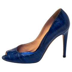 Sergio Rossi Blue Eel Leather Peep Toe Pumps Size 39.5