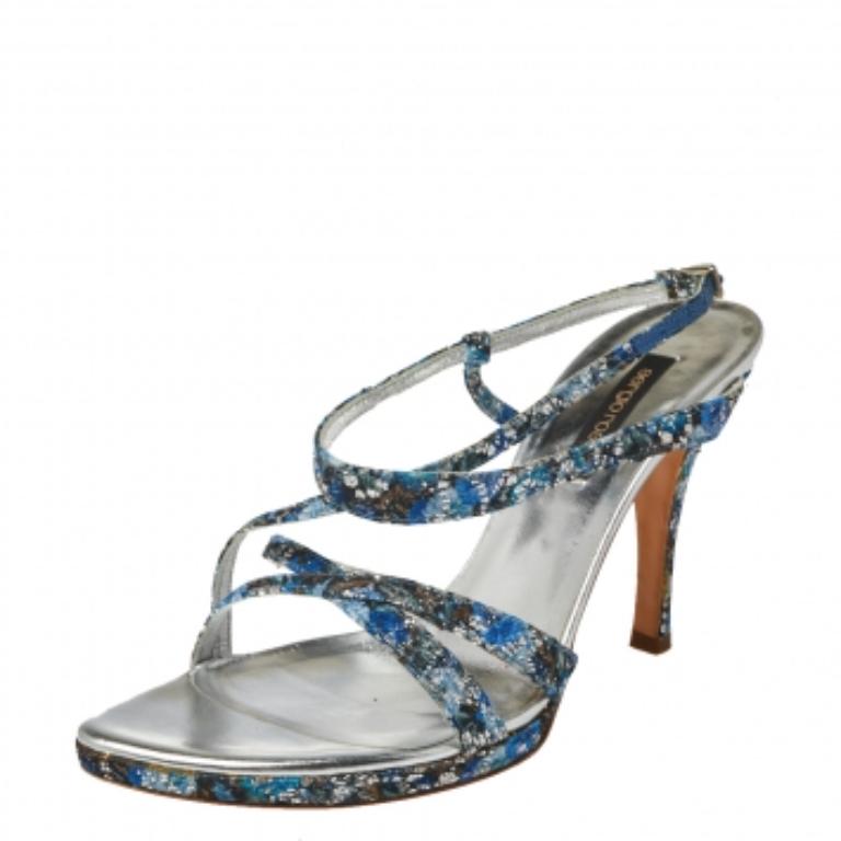 Gray Sergio Rossi Blue Glittered Fabric Strappy Sandals Size 40 For Sale