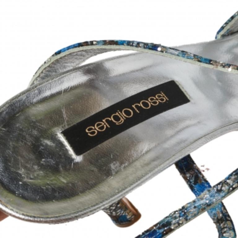 Sergio Rossi Blue Glittered Fabric Strappy Sandals Size 40 For Sale 1