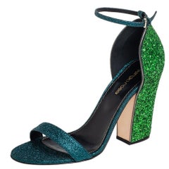 Sergio Rossi Blue/Green Coarse Glitter Ankle Strap Open Toe Sandals Size 38.5