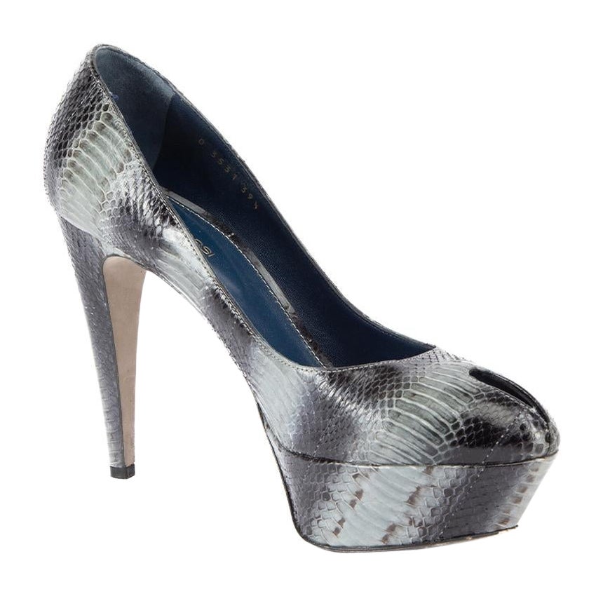 Sergio Rossi Blue Grey Snakeskin Platform Peep Toe Heel Size UK 6.5