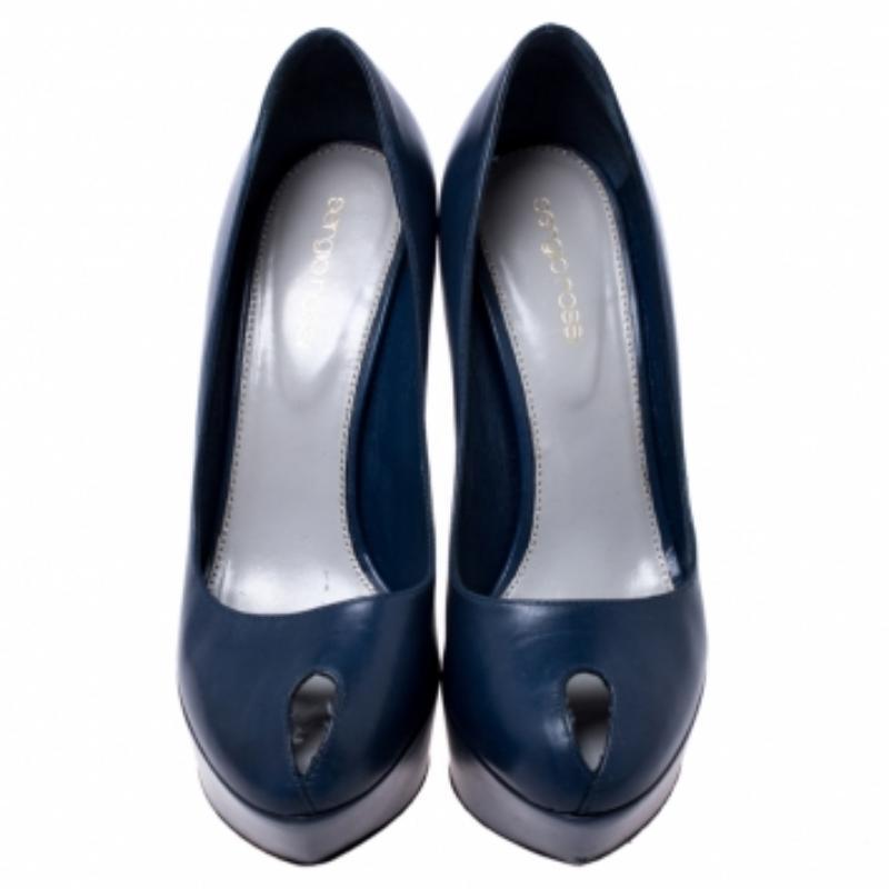Sergio Rossi Blaue Plateau-Pumps aus Leder mit Peep Toe Größe 37 im Angebot 1