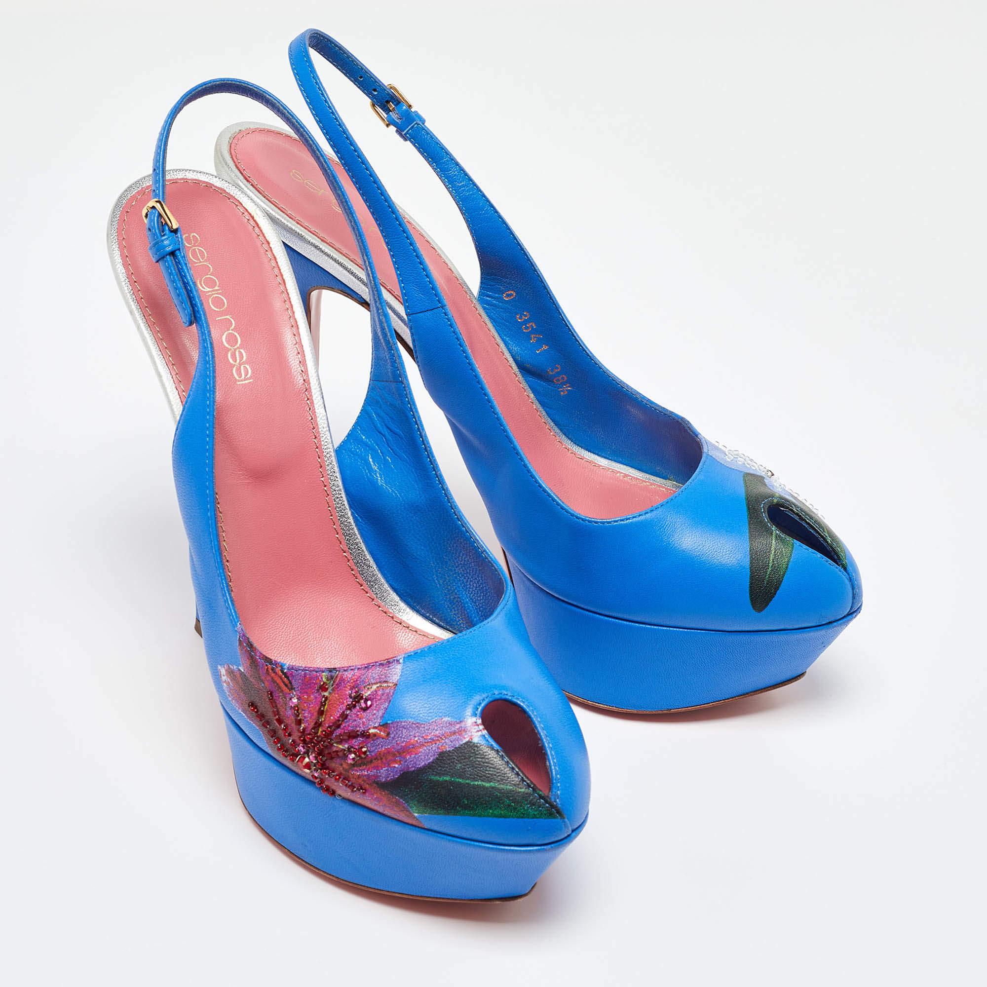 Women's Sergio Rossi Blue Leather Peep Toe Platform Slingback Pumps Size 38.5 For Sale