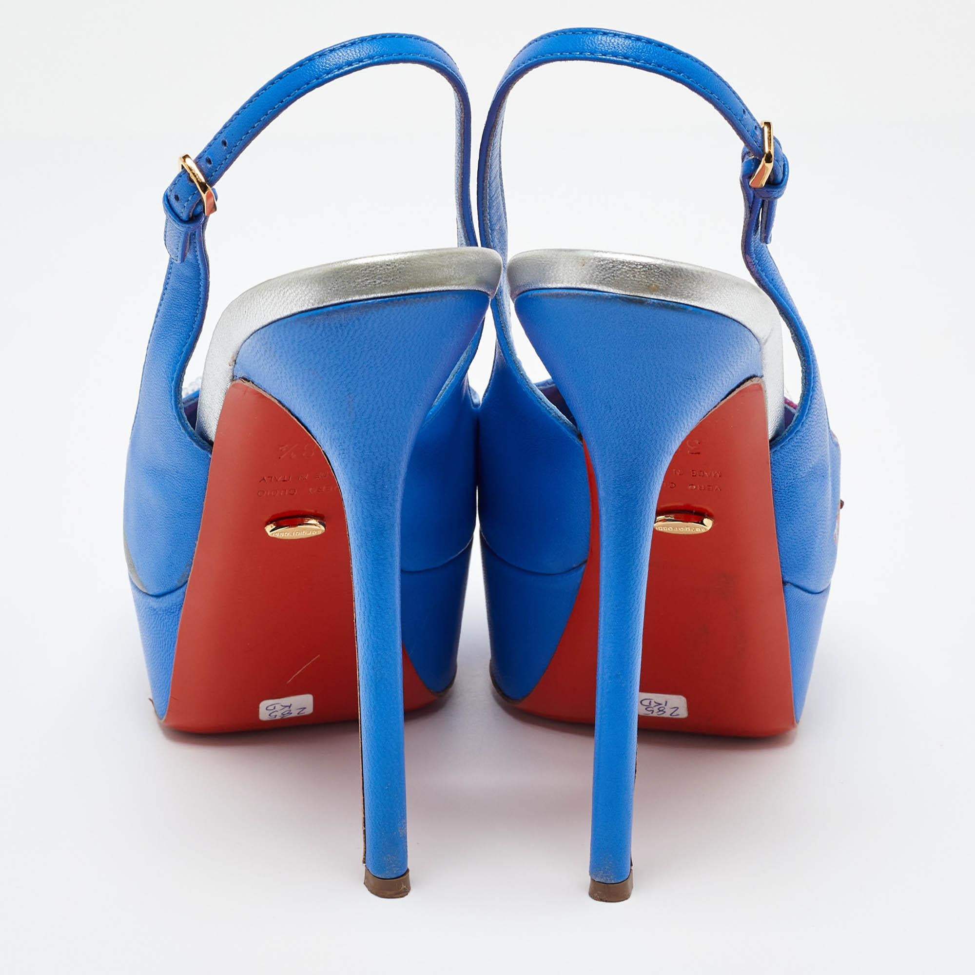Sergio Rossi Blue Leather Peep Toe Platform Slingback Pumps Size 38.5 For Sale 1