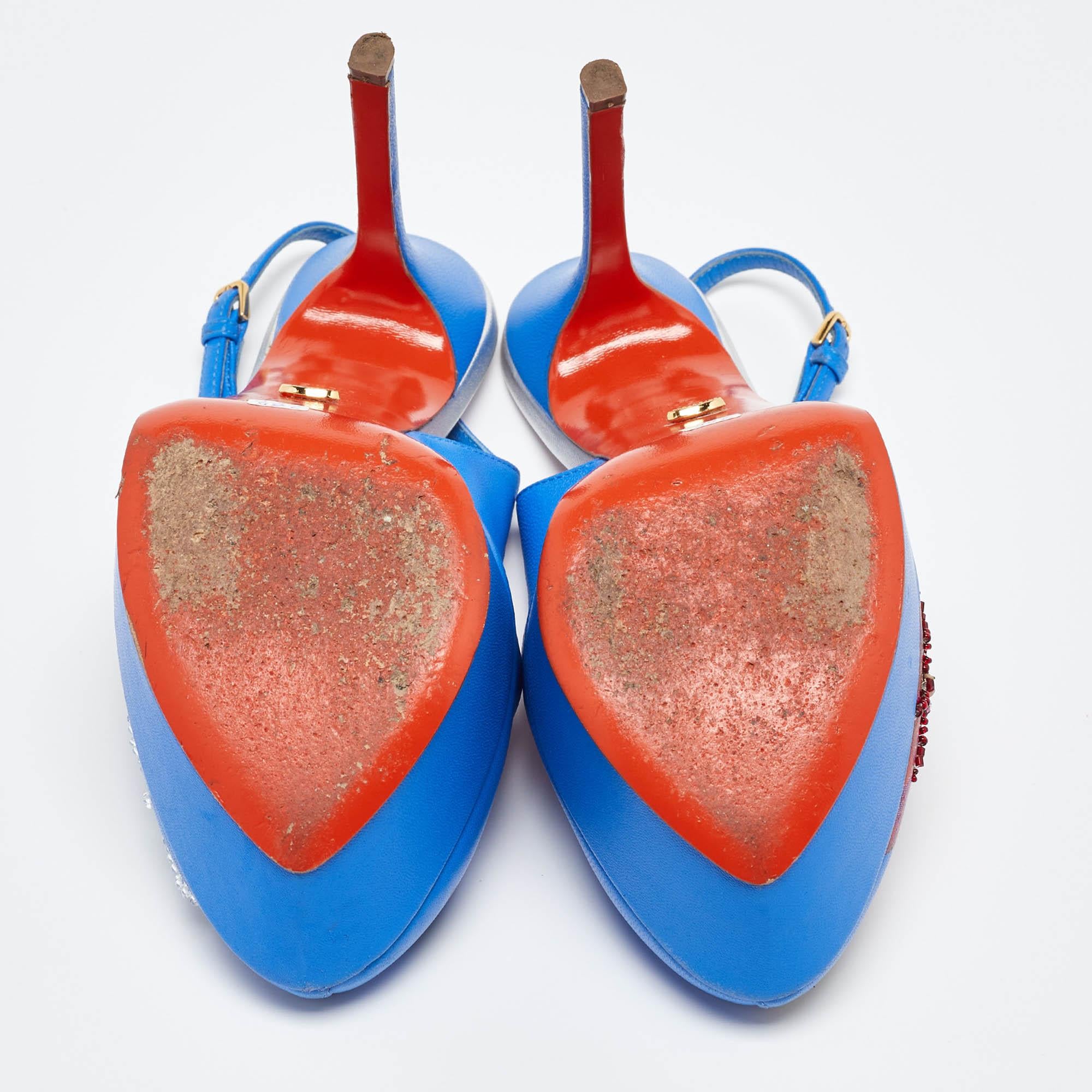 Sergio Rossi Blue Leather Peep Toe Platform Slingback Pumps Size 38.5 For Sale 2