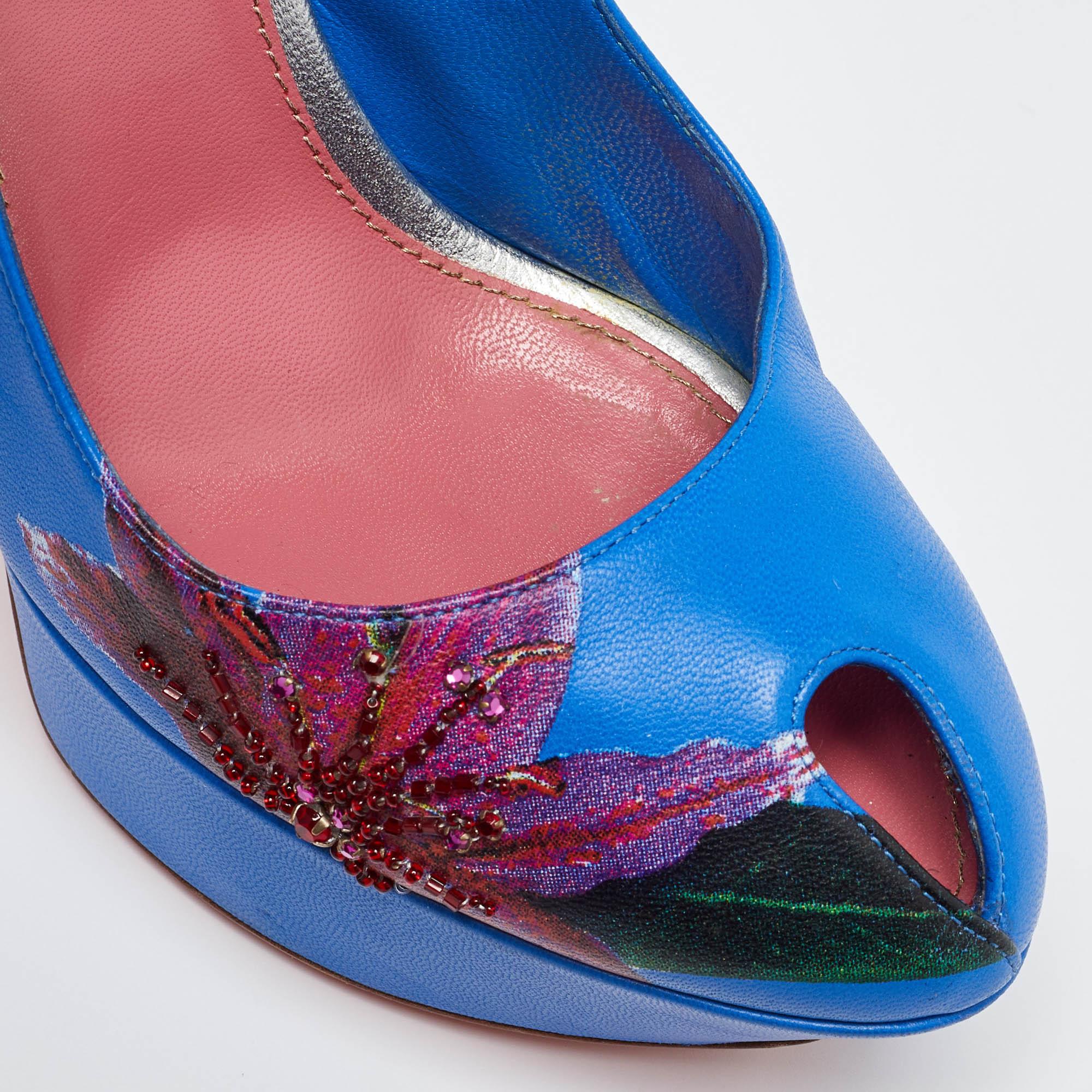 Sergio Rossi Blue Leather Peep Toe Platform Slingback Pumps Size 38.5 For Sale 3
