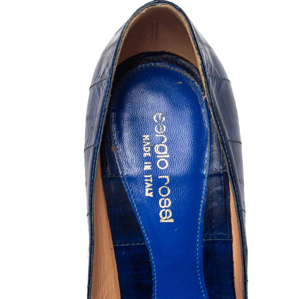 Women's Sergio Rossi Blue Leather Peep Toe Pumps Size 39.5 For Sale