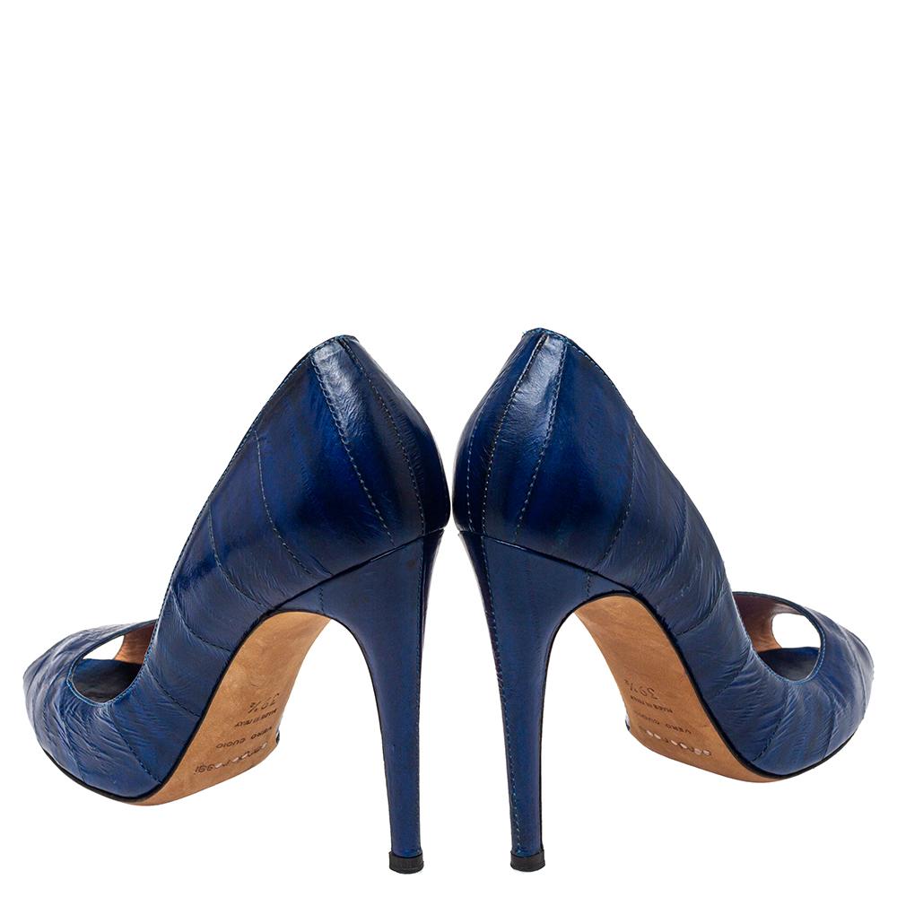 Sergio Rossi Blue Leather Peep Toe Pumps Size 39.5 For Sale 2