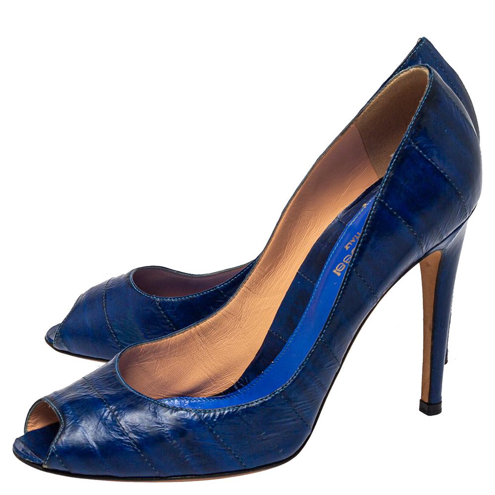 Sergio Rossi Blue Leather Peep Toe Pumps Size 39.5 For Sale 3