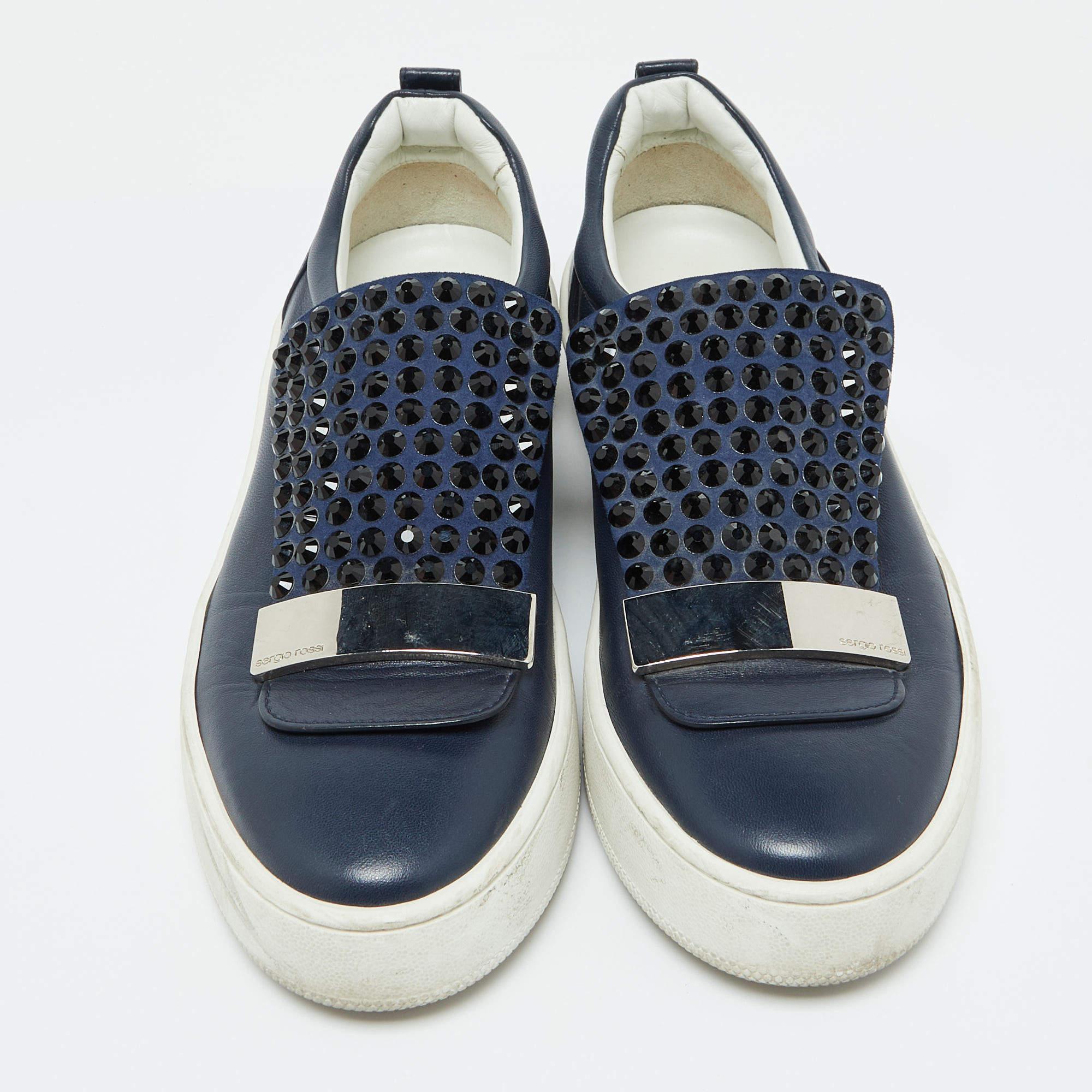 Gray Sergio Rossi Blue Leather Suede Crystal Embellished SR1 Low Top Sneakers Size 38 For Sale