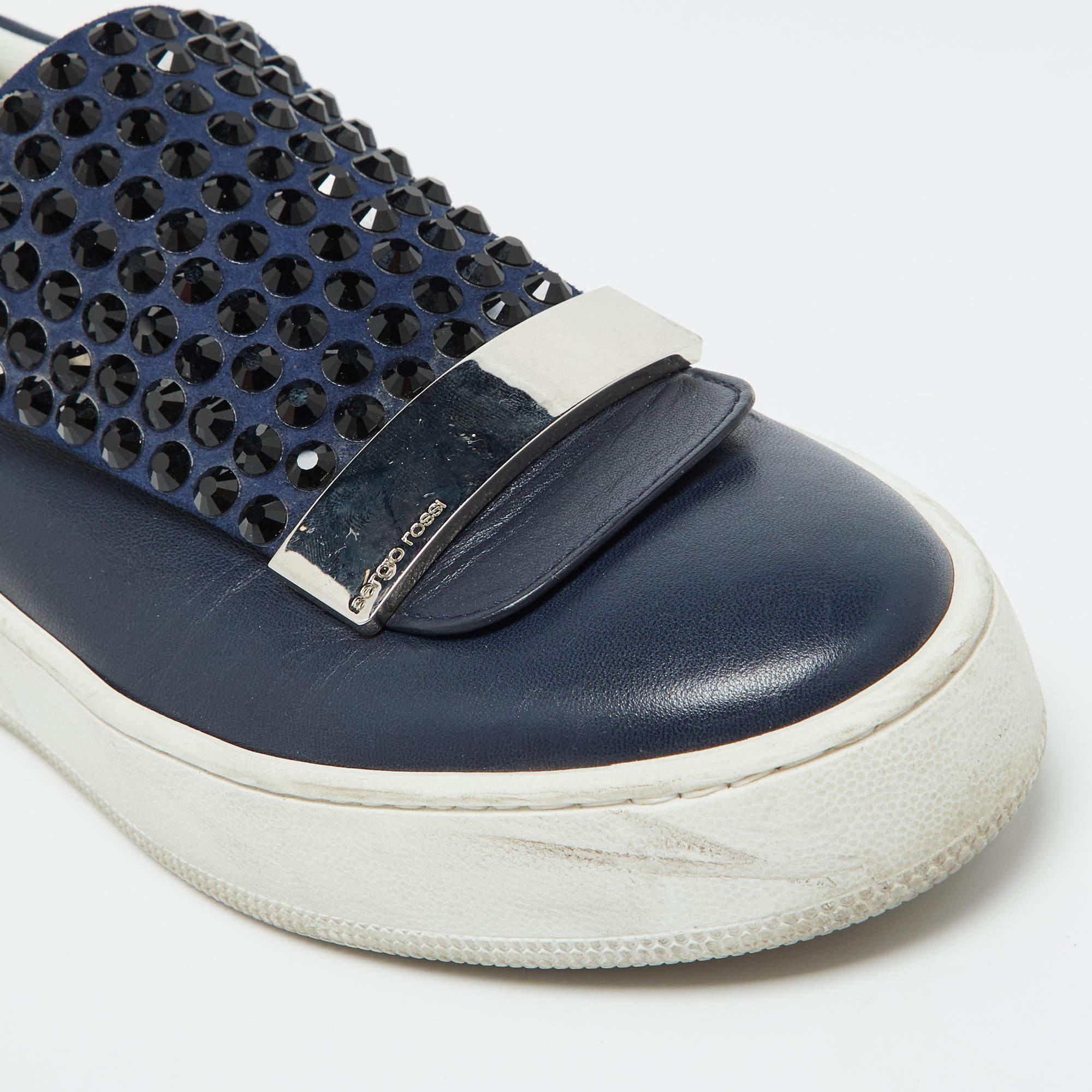 Sergio Rossi Blue Leather Suede Crystal Embellished SR1 Low Top Sneakers Size 38 For Sale 2