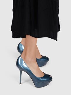 Sergio Rossi Blue Patent Leather Peep Toe Heels Size IT 35.5