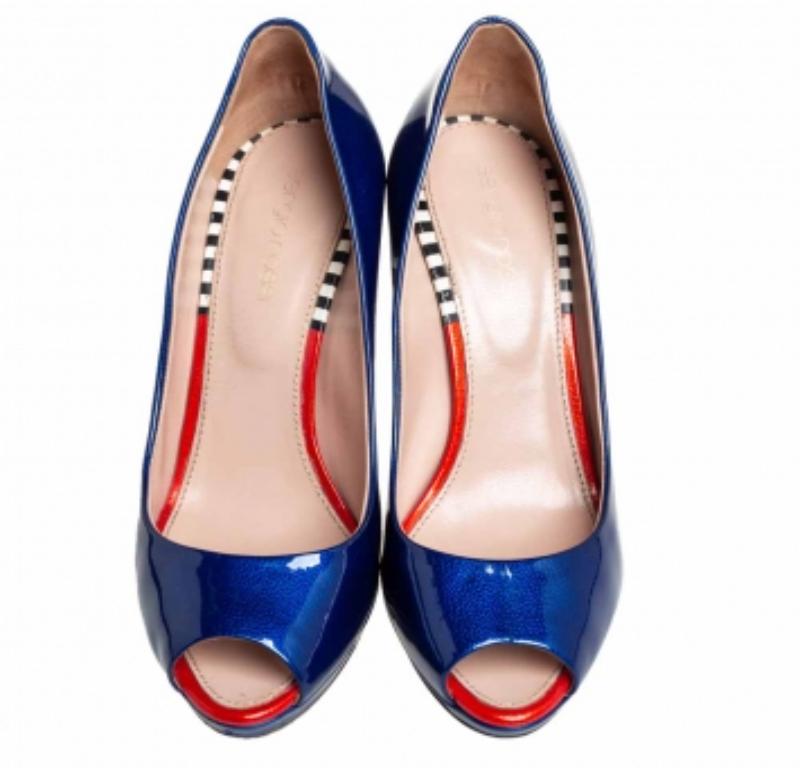 Sergio Rossi Blue Patent Leather Peep Toe Pumps Size 36 For Sale 1