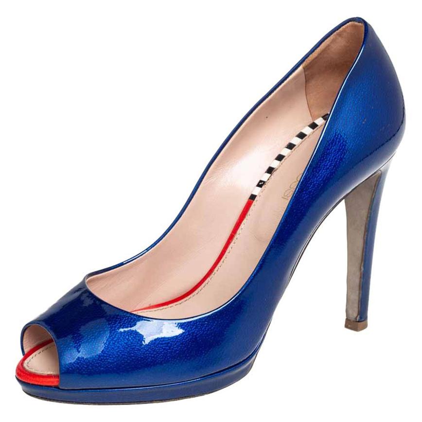 Sergio Rossi Blue Patent Leather Peep Toe Pumps Size 36 For Sale