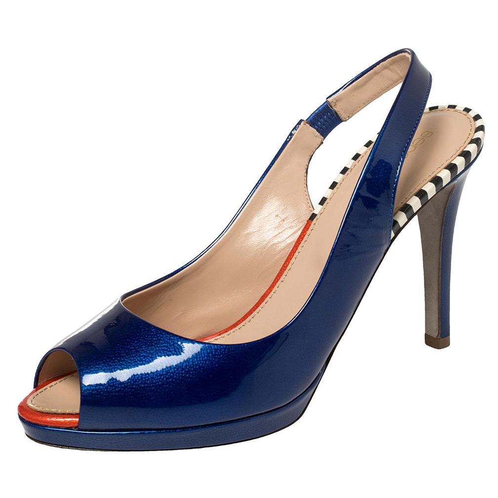 Sergio Rossi Blue Patent Leather Peep Toe Slingback Sandals Size 36