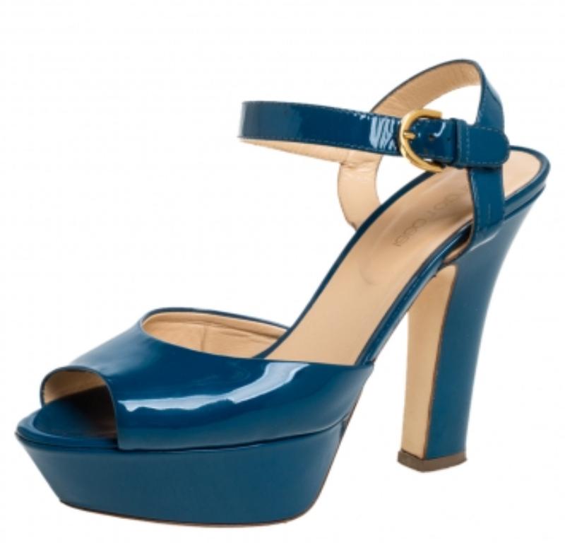 Women's Sergio Rossi Blue Patent Leather Platform Peep Toe Ankle Strap Sandals 37 For Sale