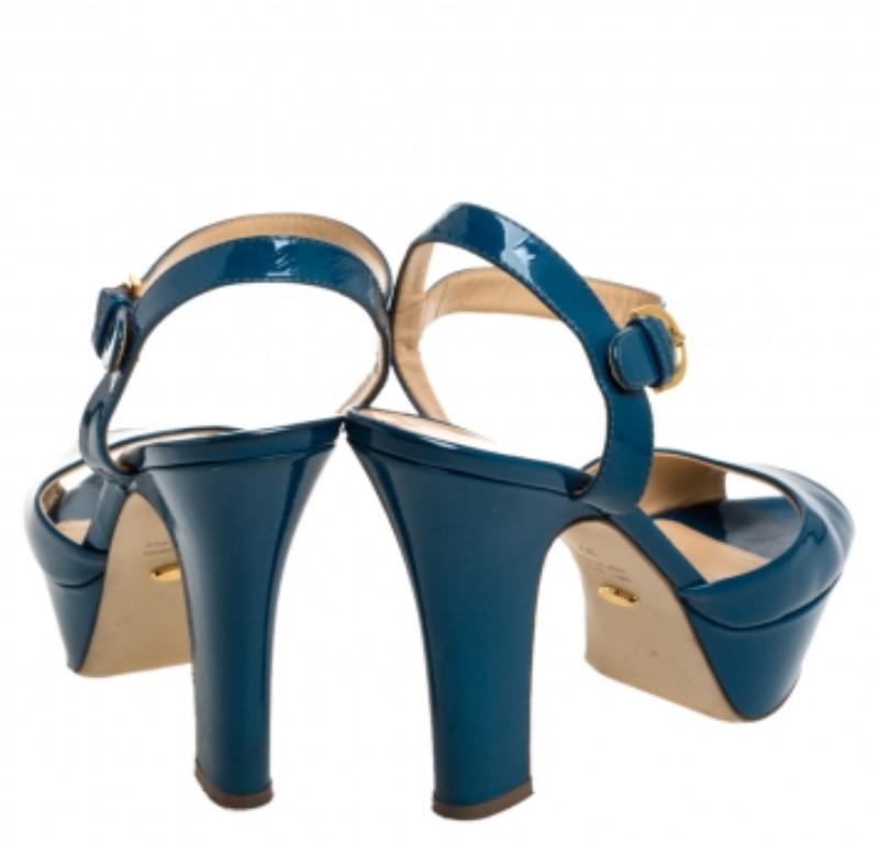 Sergio Rossi Blue Patent Leather Platform Peep Toe Ankle Strap Sandals 37 For Sale 2