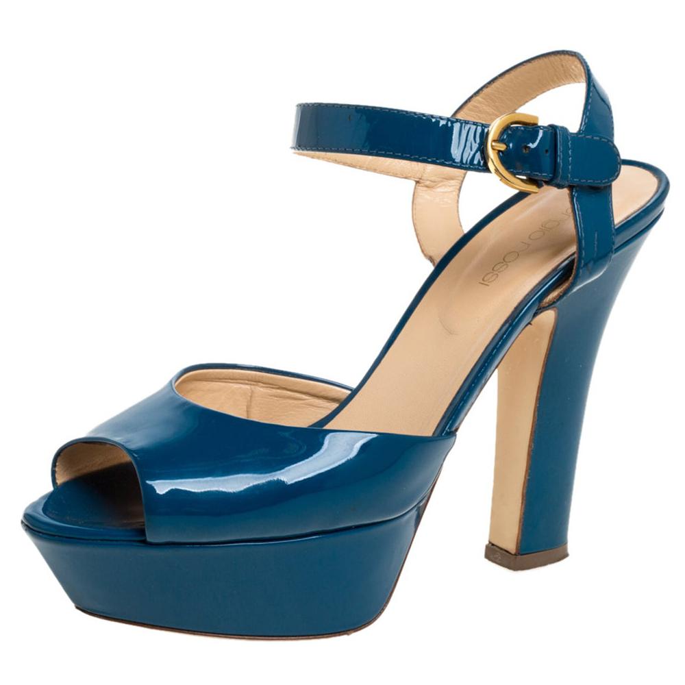 Sergio Rossi Blue Patent Leather Platform Peep Toe Ankle Strap Sandals 37 For Sale