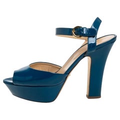 Sergio Rossi Blue Patent Leather Platform Peep Toe Ankle Strap Sandals 37