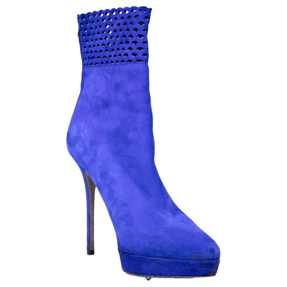 Sergio Rossi - Bottines à découpes en daim bleu, taille IT 38 en vente