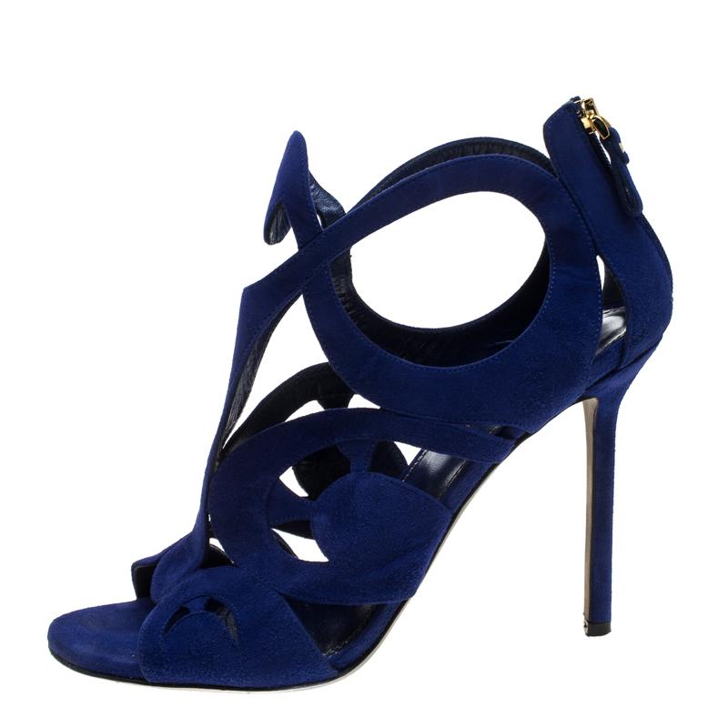 Sergio Rossi Blue Suede Cutout Sandals Size 38.5 In Good Condition In Dubai, Al Qouz 2