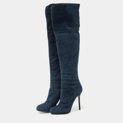 Sergio Rossi Blue Suede Knee Length Boots Size 40.5