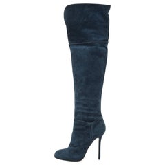 Sergio Rossi Blue Suede Knee Length Boots Size 40.5