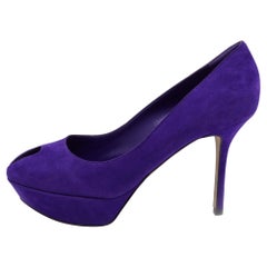 Sergio Rossi Blue Suede Peep Toe Platform Pumps Size 38.5