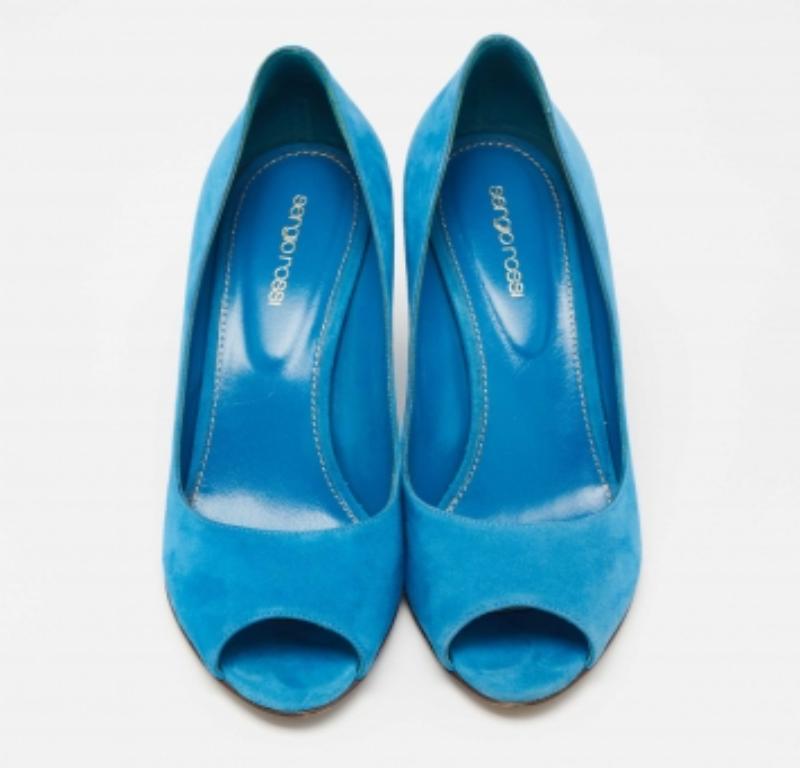 Sergio Rossi Bleu Suede Peep Toe Wedge Pumps Size 40.5 Pour femmes en vente
