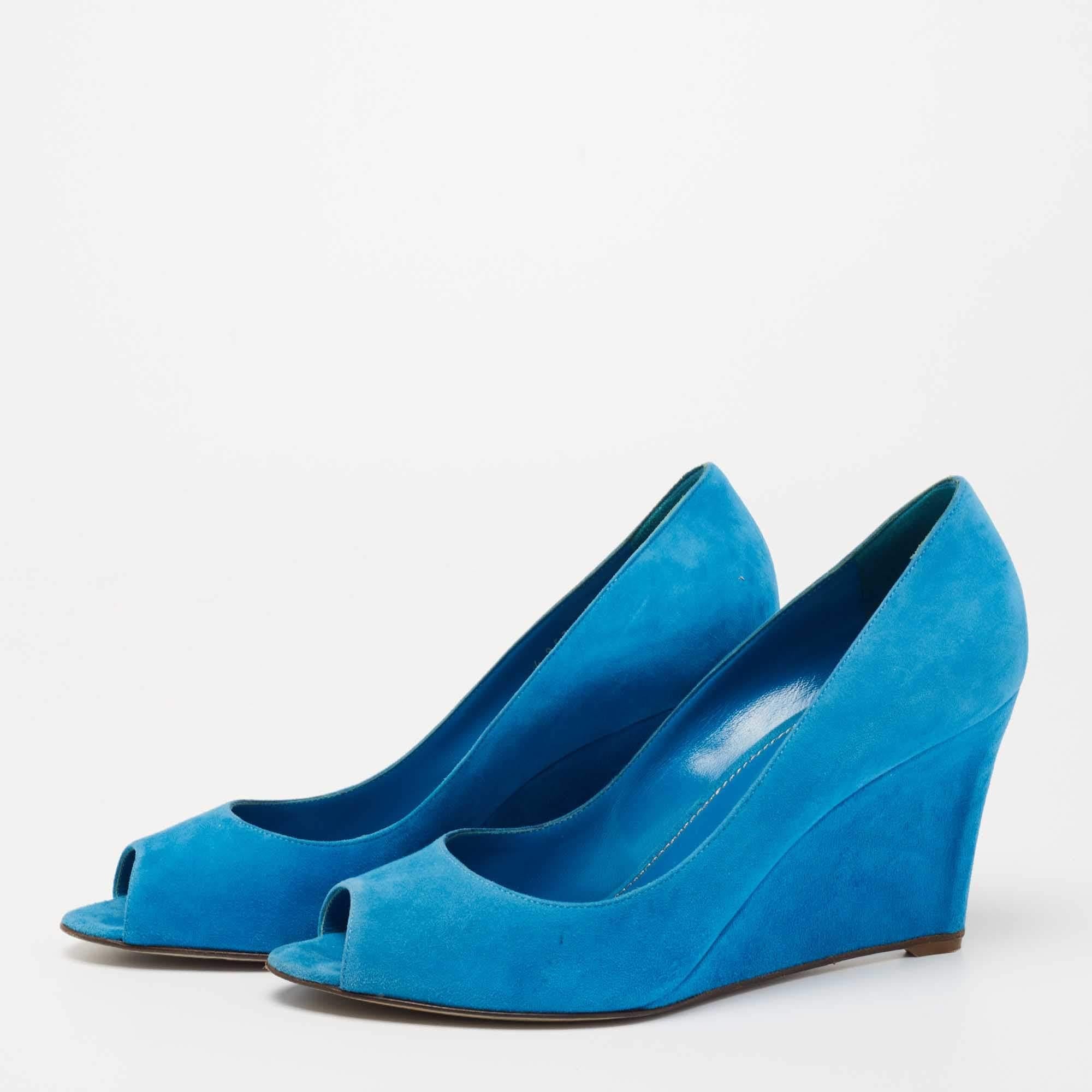 Women's Sergio Rossi Blue Suede Peep Toe Wedge Pumps Size 40.5 For Sale