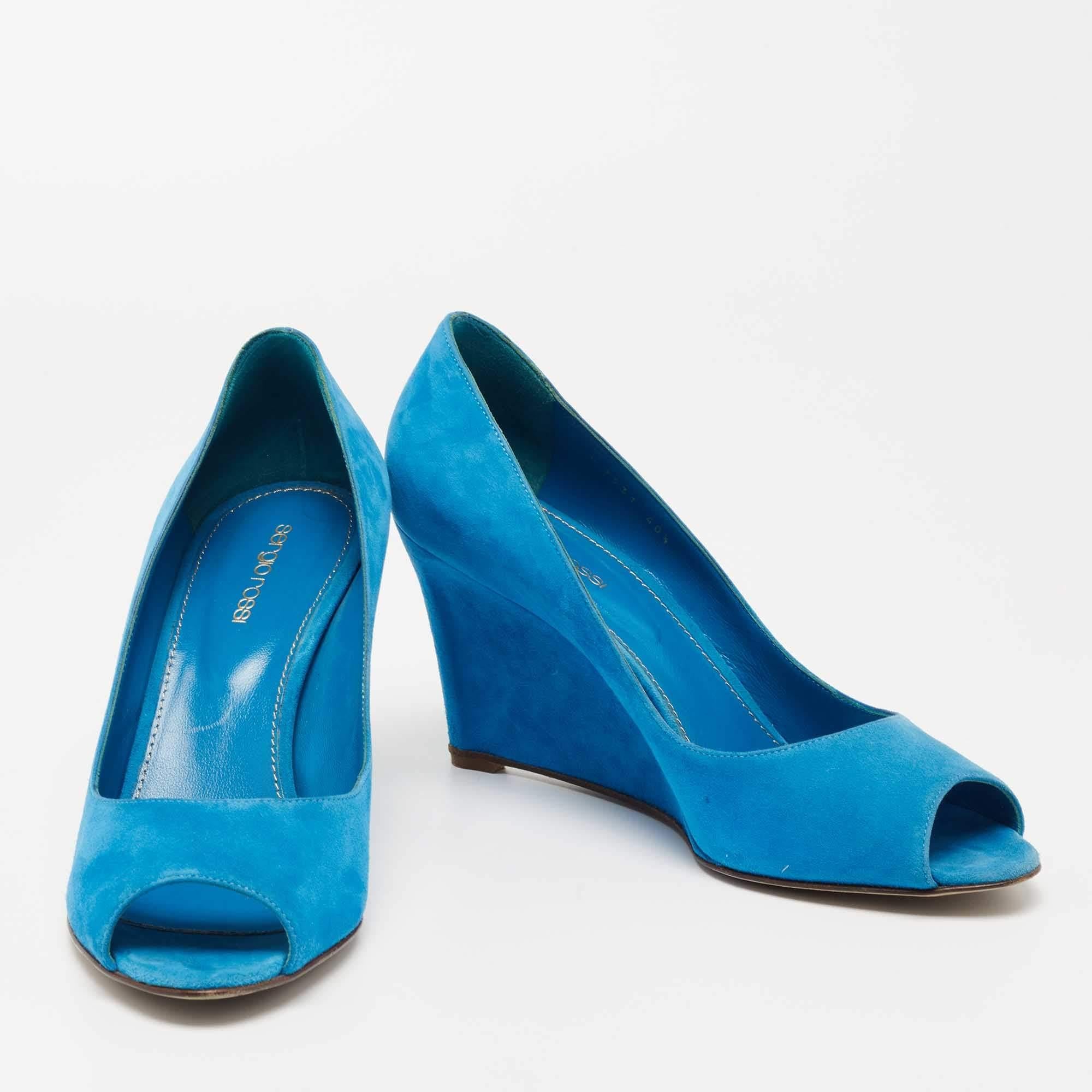 Sergio Rossi Blue Suede Peep Toe Wedge Pumps Size 40.5 For Sale 1