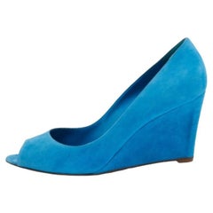 Sergio Rossi Bleu Suede Peep Toe Wedge Pumps Size 40.5