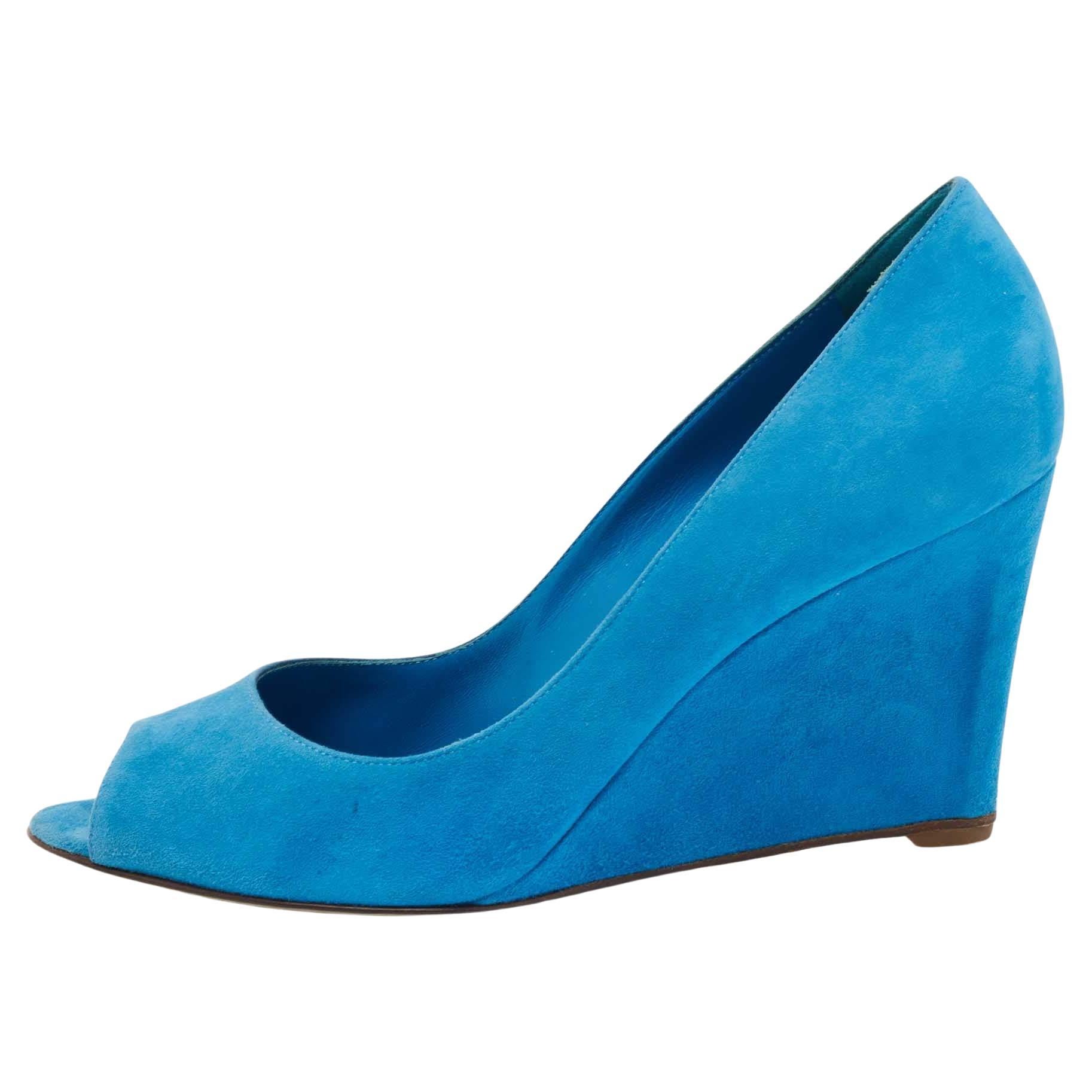 Sergio Rossi Blue Suede Peep Toe Wedge Pumps Size 40.5 For Sale