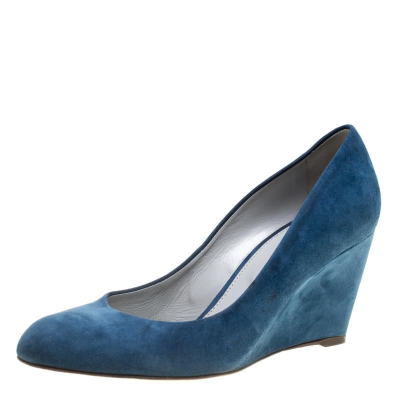 Sergio Rossi Blue Suede Wedge Pumps Size 37.5