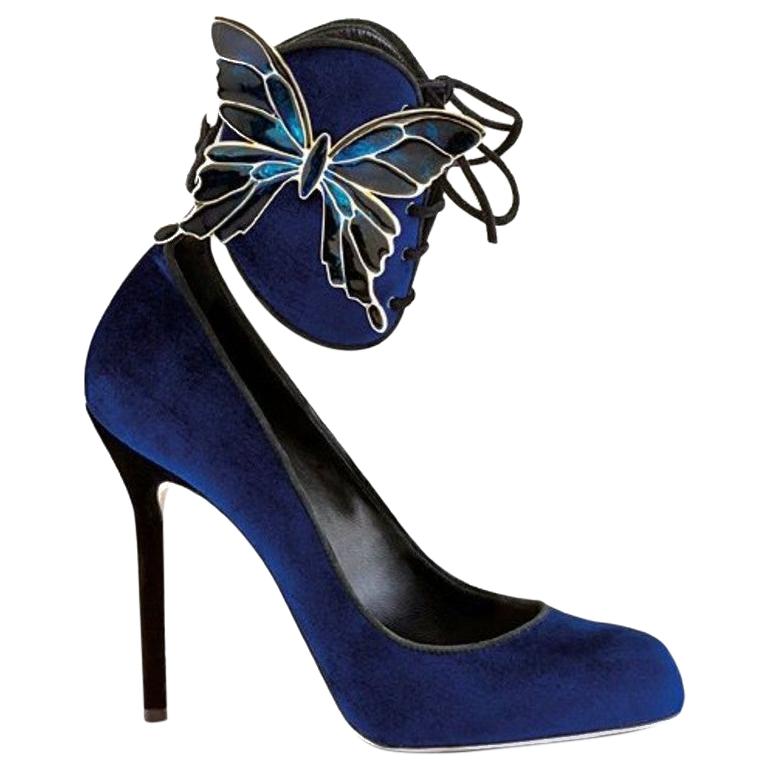 Sergio Rossi Blue Velvet Creatures of The Night Butterfly Pumps - Size EU 41 For Sale