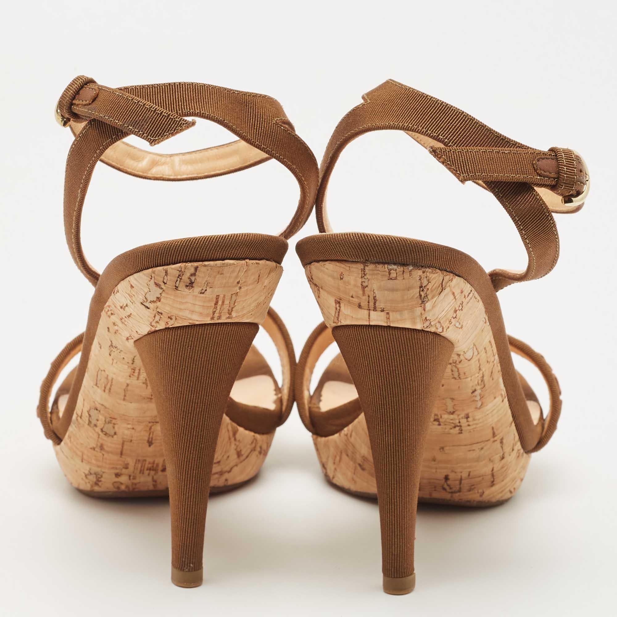 Sergio Rossi Brown Canvas Ankle Strap Sandals Size 37.5 For Sale 1